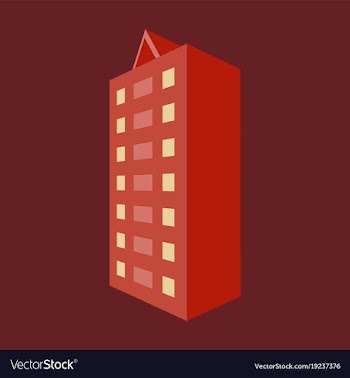A modern multi-storey building with a complex vector image