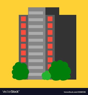 A modern multi-storey building with a complex vector image
