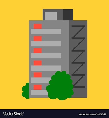A modern multi-storey building with a complex vector image