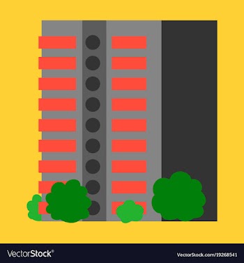 A modern multi-storey building with a complex vector image