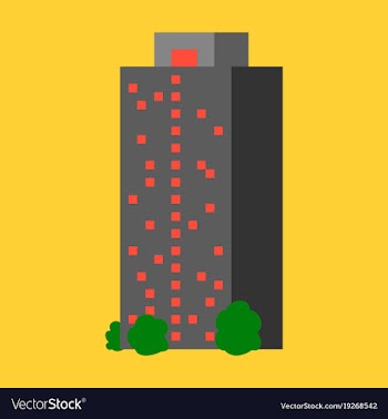 A modern multi-storey building with a complex vector image