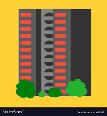 A modern multi-storey building with a complex vector image