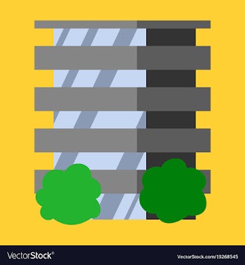 A modern multi-storey building with a complex vector image