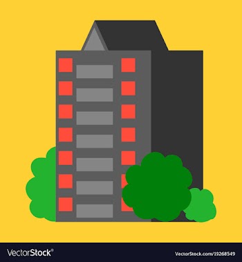 A modern multi-storey building with a complex vector image
