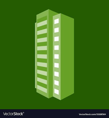 A modern multi-storey building with a complex vector image
