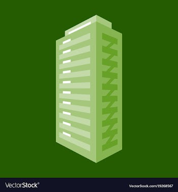 A modern multi-storey building with a complex vector image