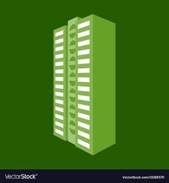 A modern multi-storey building with a complex vector image