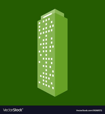 A modern multi-storey building with a complex vector image