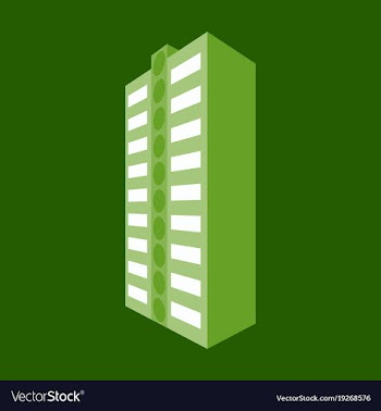 A modern multi-storey building with a complex vector image