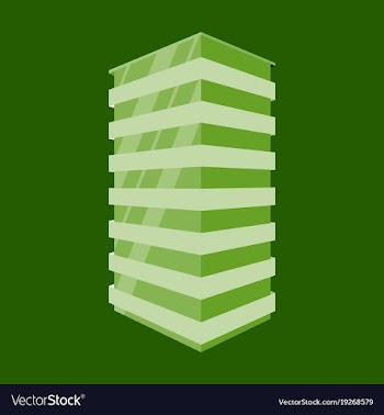 A modern multi-storey building with a complex vector image