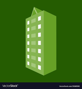 A modern multi-storey building with a complex vector image