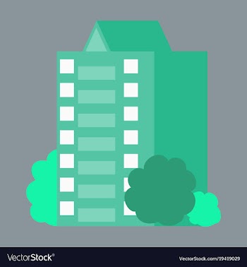 A modern multi-storey building with a complex vector image