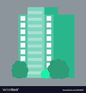 A modern multi-storey building with a complex vector image