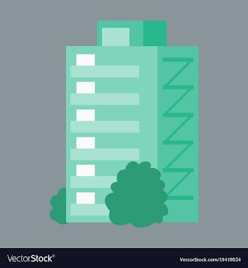 A modern multi-storey building with a complex vector image