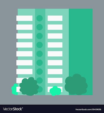 A modern multi-storey building with a complex vector image