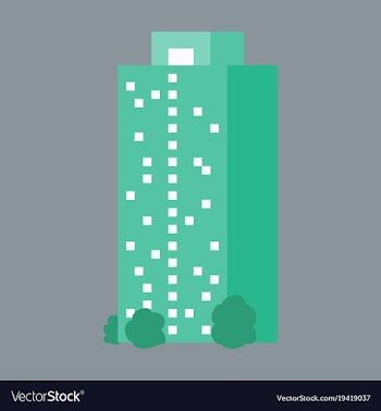 A modern multi-storey building with a complex vector image