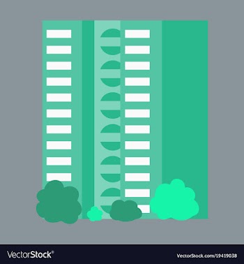 A modern multi-storey building with a complex vector image