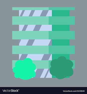 A modern multi-storey building with a complex vector image