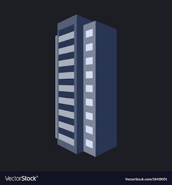 A modern multi-storey building with a complex vector image