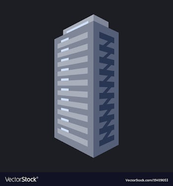 A modern multi-storey building with a complex vector image