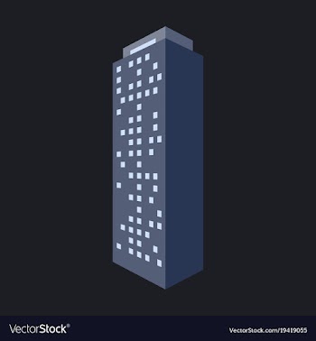 A modern multi-storey building with a complex vector image