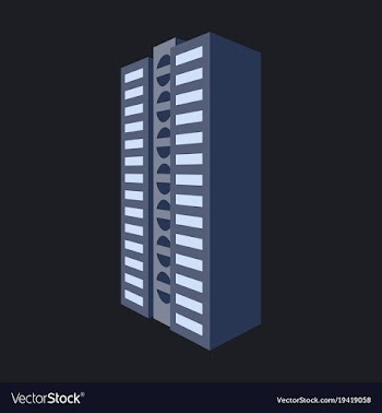 A modern multi-storey building with a complex vector image