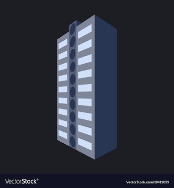 A modern multi-storey building with a complex vector image