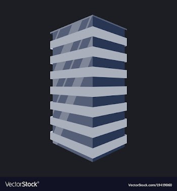 A modern multi-storey building with a complex vector image