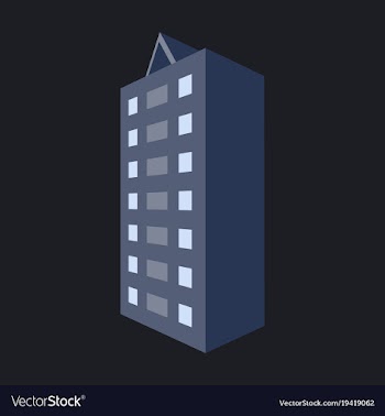 A modern multi-storey building with a complex vector image
