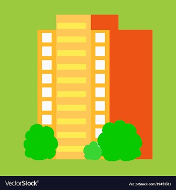 A modern multi-storey building with a complex vector image