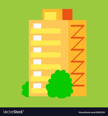 A modern multi-storey building with a complex vector image