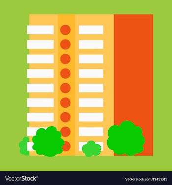 A modern multi-storey building with a complex vector image