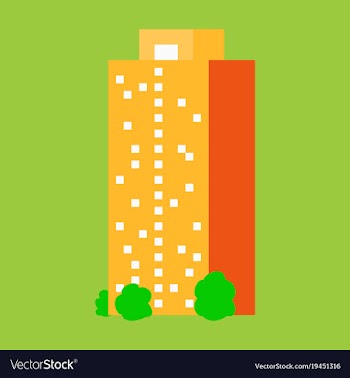 A modern multi-storey building with a complex vector image