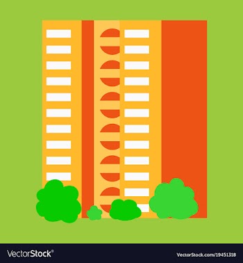 A modern multi-storey building with a complex vector image
