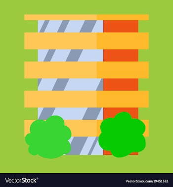 A modern multi-storey building with a complex vector image
