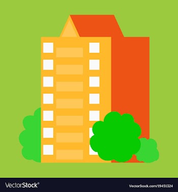 A modern multi-storey building with a complex vector image
