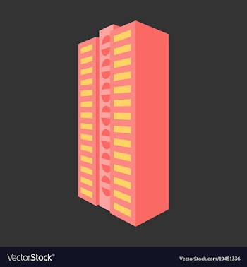 A modern multi-storey building with a complex vector image