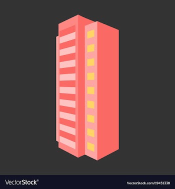 A modern multi-storey building with a complex vector image