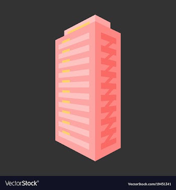 A modern multi-storey building with a complex vector image