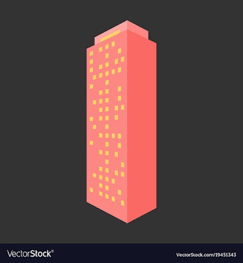 A modern multi-storey building with a complex vector image