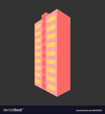 A modern multi-storey building with a complex vector image