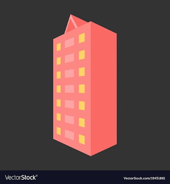 A modern multi-storey building with a complex vector image