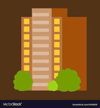 A modern multi-storey building with a complex vector image