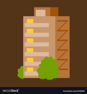 A modern multi-storey building with a complex vector image