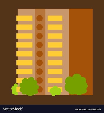 A modern multi-storey building with a complex vector image