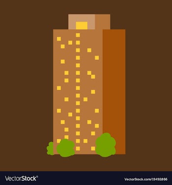 A modern multi-storey building with a complex vector image