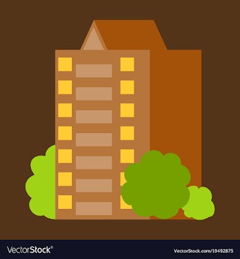 A modern multi-storey building with a complex vector image