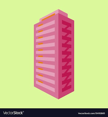 A modern multi-storey building with a complex vector image