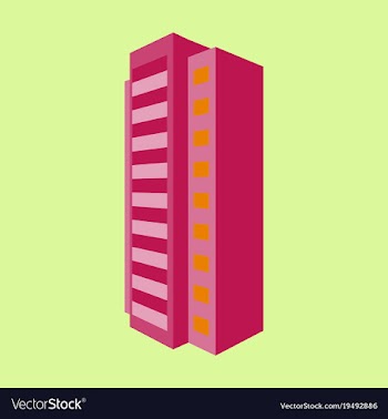 A modern multi-storey building with a complex vector image