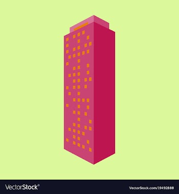 A modern multi-storey building with a complex vector image